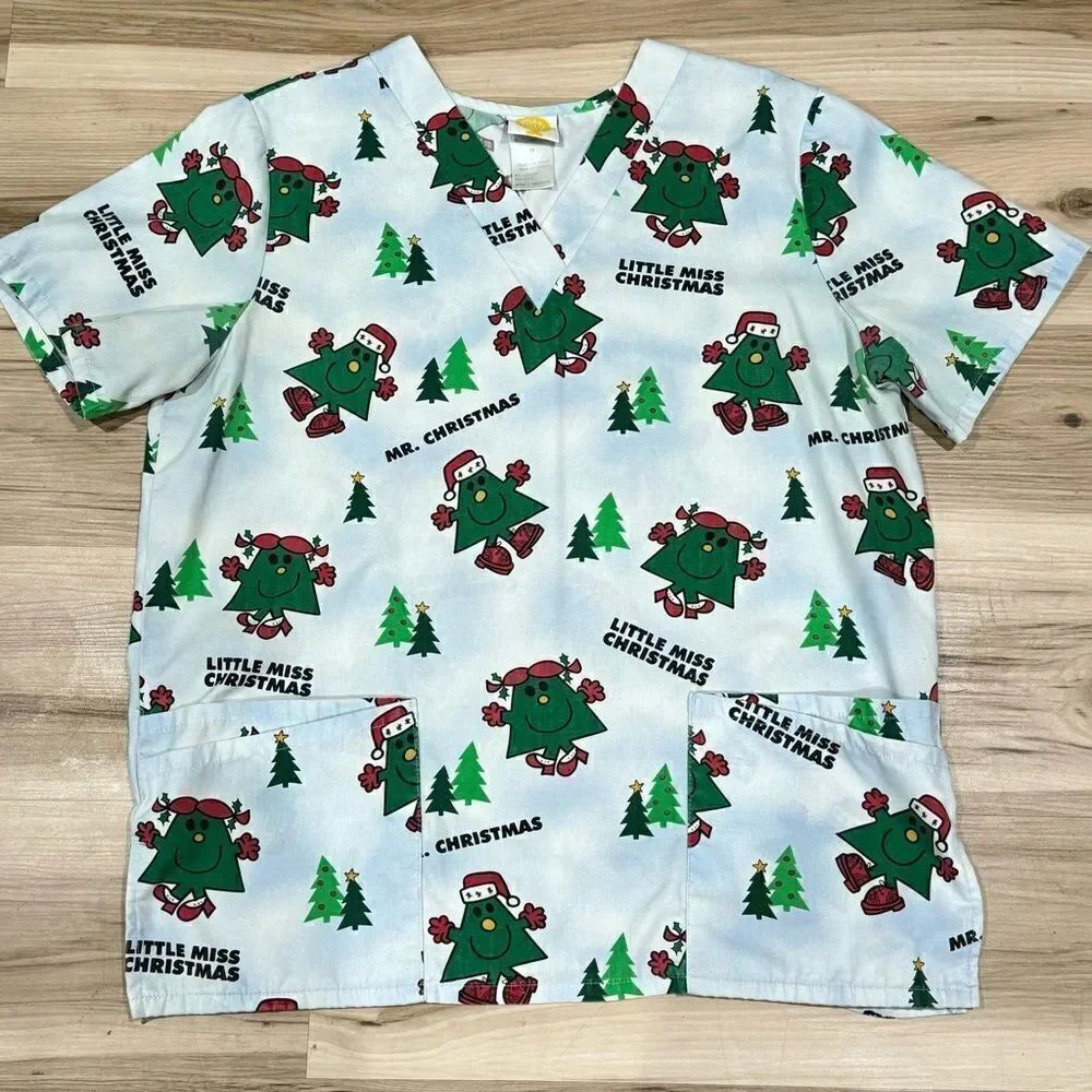 Vintage Little Miss Mr. Christmas Scrub Top Women’s Medium